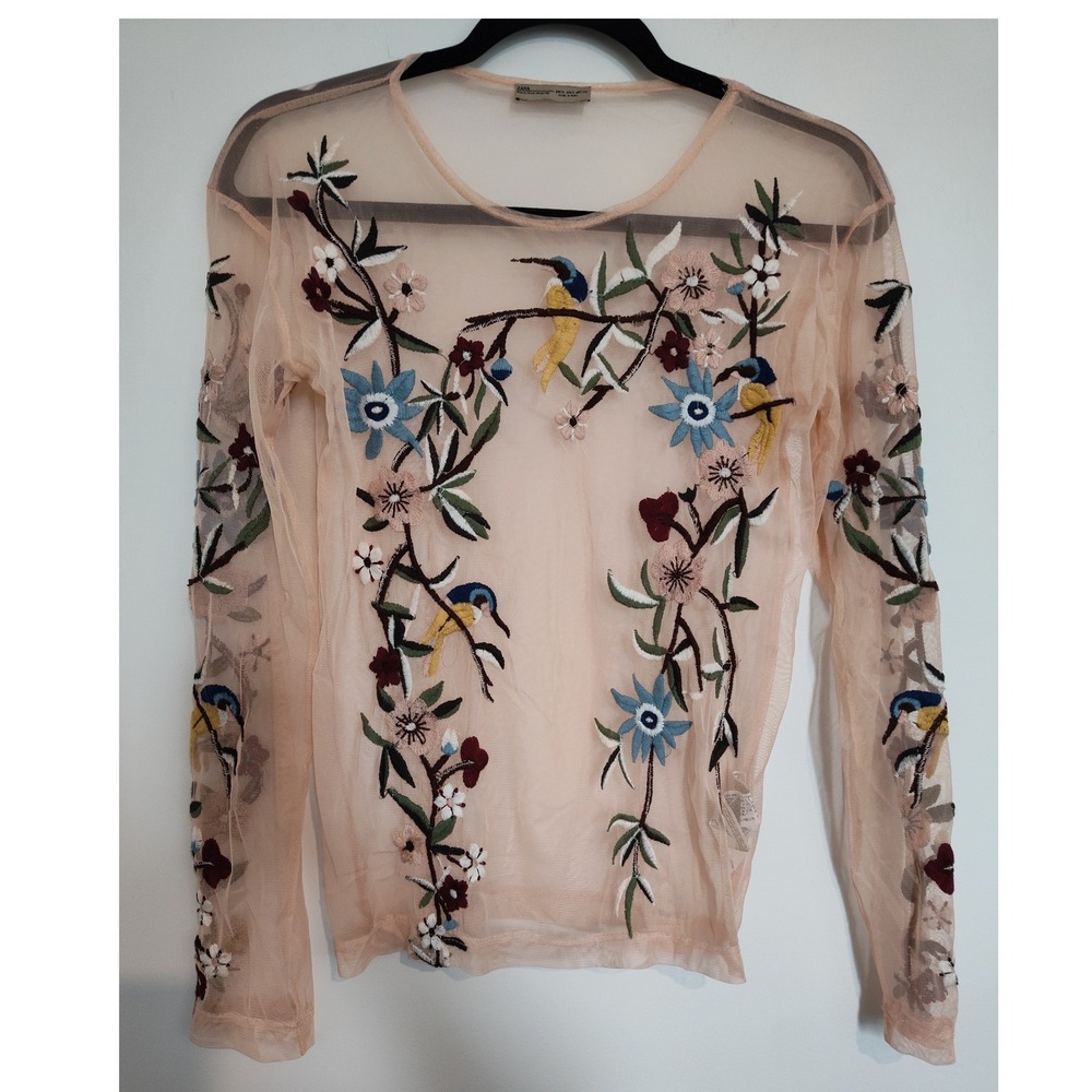 Zara Woman Sheer Mesh Embroidered Floral Bird Top Peach Pink Small Long Sleeve